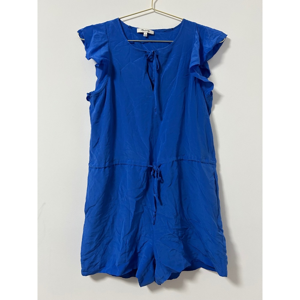 Madewell Women Blue 100% Silk Ruffle Sleeve Cutout Back Romper Size‎ Small